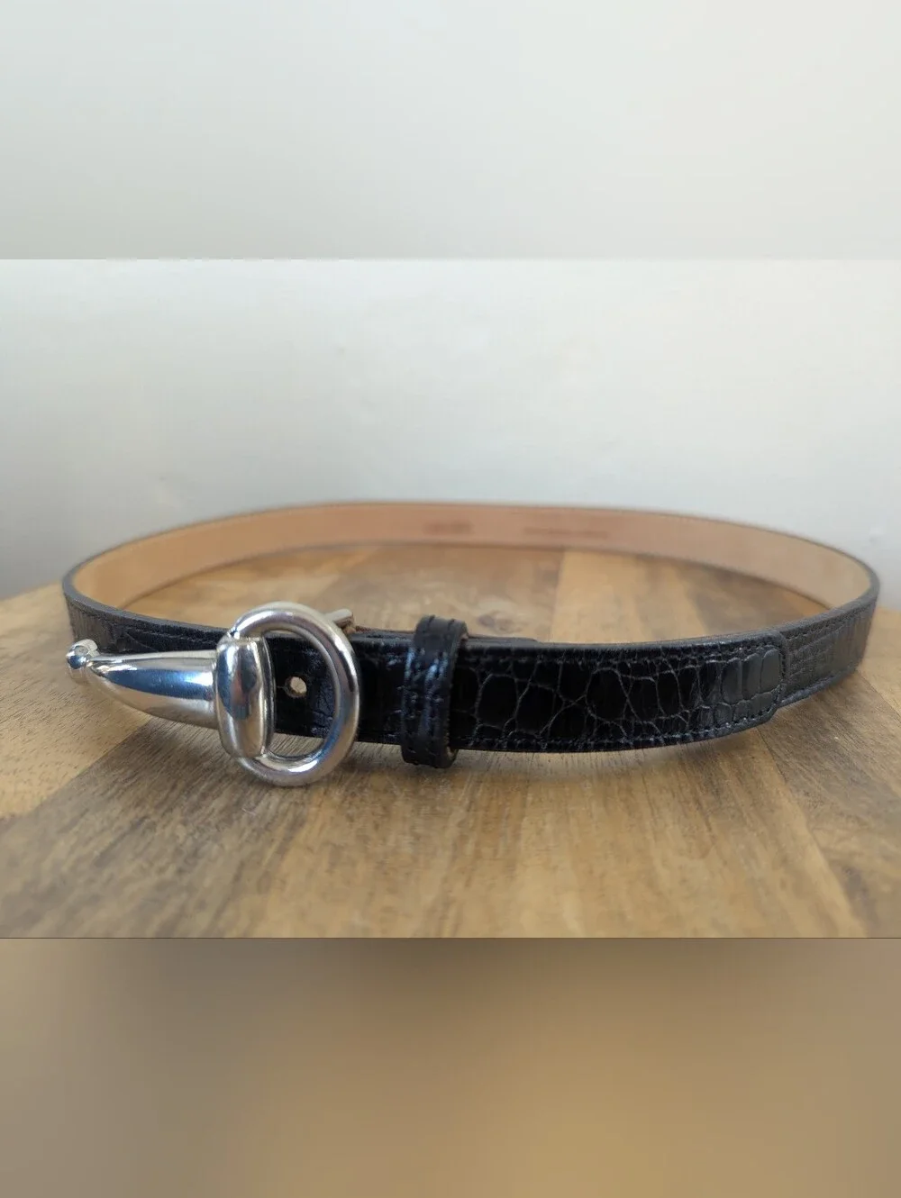 Streets Ahead Black Croc-Embossed Leather Belt with Silver Buckle (SIZE SMALL)